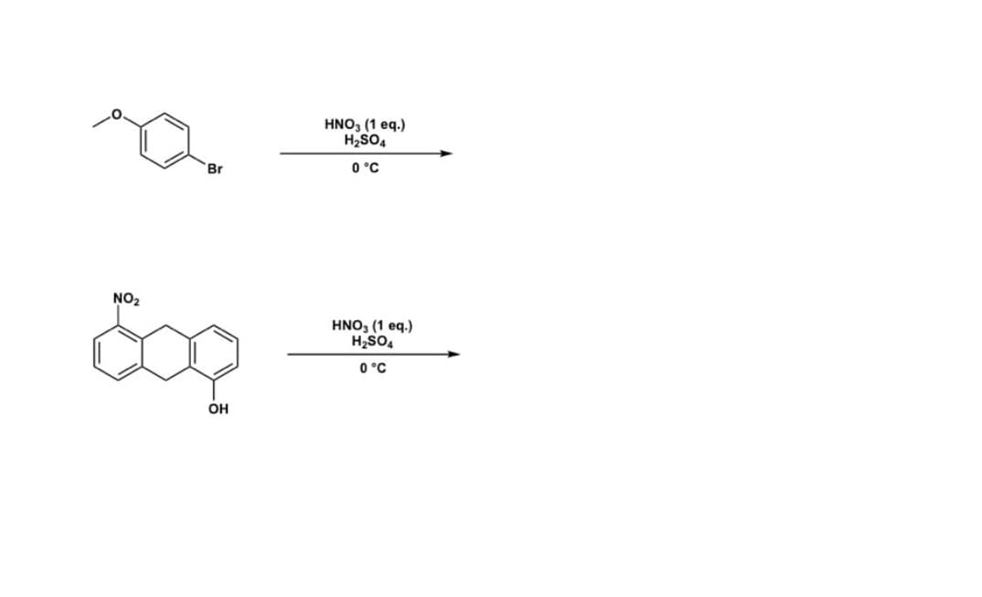 HNO, (1 eq.)
Br
O °C
NO2
HNO, (1 eq.)
H2SO,
0 °C
OH
