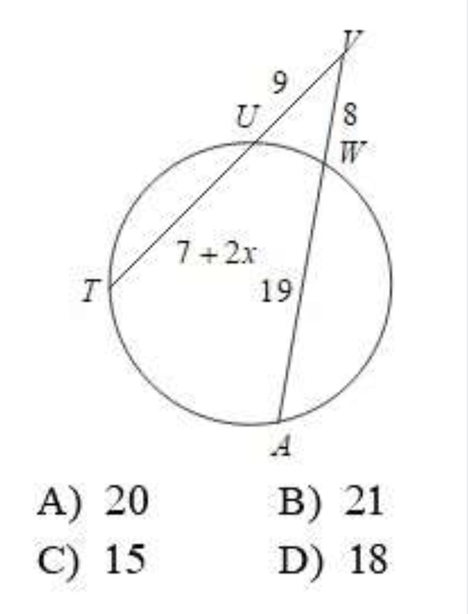 U
8.
7+2x
T
19
A) 20
B) 21
C) 15
D) 18
