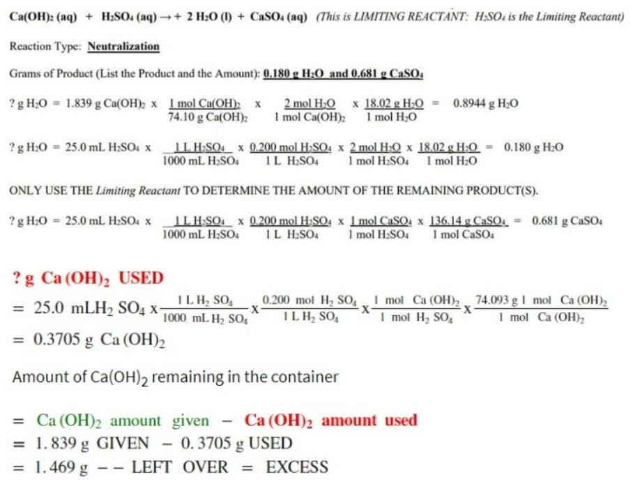 Ca(OH)2 (aq) + H₂SO4 (aq) → + 2 H₂O (1) + CaSO4 (aq) (This is LIMITING REACTANT: H₂SO4 is the Limiting Reactant)
Reaction Type: Neutralization
Grams of Product (List the Product and the Amount): 0.180 g H₂O and 0.681 g CaSO4
? g H₂O = 1.839 g Ca(OH)2 x 1 mol Ca(OH)2 x 2 mol H₂O x 18.02 g H₂O = 0.8944 g H₂O
74.10 g Ca(OH)2 1 mol Ca(OH)2
1 mol H₂O
? g H₂O = 25.0 mL H₂SO4 x
1L H₂SO4 x 0.200 mol H₂SO4 x 2 mol H₂O x 18.02 g H₂O = 0.180 g H₂0
1000 mL H₂SO4 IL H₂SO4 1 mol H₂SO4 1 mol H₂O
ONLY USE THE Limiting Reactant TO DETERMINE THE AMOUNT OF THE REMAINING PRODUCT(S).
? g H₂O = 25.0 mL H₂SO4 x
IL H₂SO4 x 0.200 mol H₂SO4 x 1 mol CaSO4 x 136.14 g CaSO4
1000 mL H₂SO4 1L H₂SO4 1 mol H₂SO4 1 mol CaSO4
? g Ca (OH)₂ USED
= 25.0 mLH₂ SO4 X-
= 0.3705 g Ca (OH)2
Amount of Ca(OH)2 remaining in the container
——
IL H₂ SOA
1000 mL H₂ SO4
= Ca (OH)₂ amount given
= 1.839 g GIVEN - 0.3705 g USED
= 1.469 g
0.200 mol H₂ SO4
X-
1 LH₂ SOA
-
X
LEFT OVER = EXCESS
1 mol Ca (OH)₂
1 mol H₂ SO4
Ca (OH)2 amount used
X
0.681 g CaSO4
74.093 g 1 mol Ca (OH)₂2
1 mol Ca (OH)₂