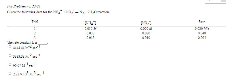 For Problem no. 23-25
Given the following data for the NH4* + NO2- N2 + 2H20 reaction
Trial
[NH4*)
[NO2]
Rate
1
0.015 M
0.020 M
0.020 M/s
2
0.030
0.020
0.040
0.015
0.010
0.005
The rate constant k is
O 4444.44 M² sec
O 3333.33 M2 sec-1
66.67 M-1 sec-1
O 2.22 x 105 M3 sec-1
