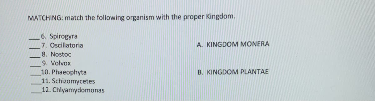 MATCHING: match the following organism with the proper Kingdom.
6. Spirogyra
7. Oscillatoria
A. KINGDOM MONERA
8. Nostoc
9. Volvox
10. Phaeophyta
11. Schizomycetes
12. Chlyamydomonas
B. KINGDOM PLANTAE
