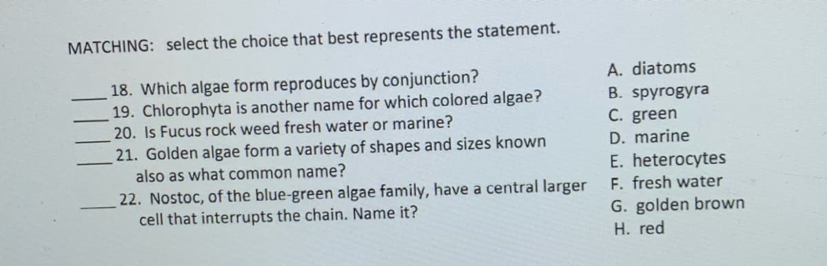 MATCHING: select the choice that best represents the statement.
A. diatoms
18. Which algae form reproduces by conjunction?
19. Chlorophyta is another name for which colored algae?
20. Is Fucus rock weed fresh water or marine?
B. spyrogyra
C. green
21. Golden algae form a variety of shapes and sizes known
also as what common name?
D. marine
E. heterocytes
F. fresh water
22. Nostoc, of the blue-green algae family, have a central larger
cell that interrupts the chain. Name it?
G. golden brown
H. red
