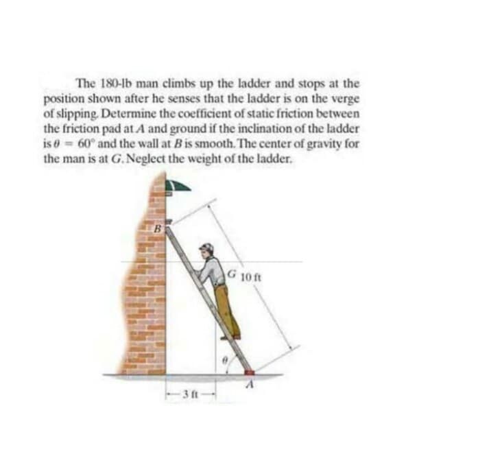 The 180-lb man climbs up the ladder and stops at the
position shown after he senses that the ladder is on the verge
of slipping. Determine the coefficient of static friction between
the friction pad at A and ground if the inclination of the ladder
is e = 60° and the wall at B is smooth. The center of gravity for
the man is at G.Neglect the weight of the ladder.
G 10 ft
3 ft
