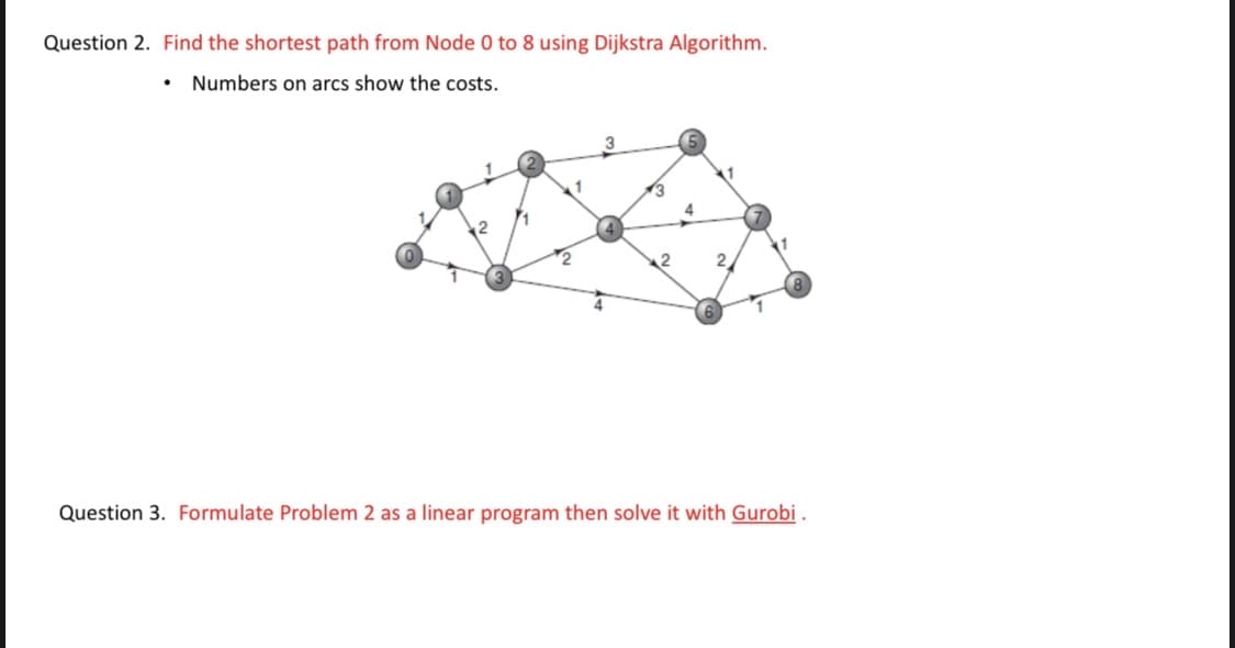 Question 2. Find the shortest path from Node 0 to 8 using Dijkstra Algorithm.
Numbers on arcs show the costs.
2
Question 3. Formulate Problem 2 as a linear program then solve it with Gurobi.