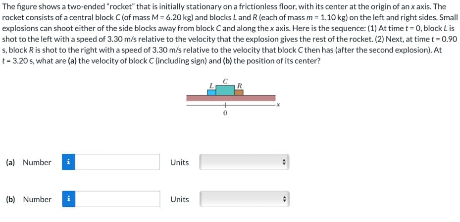 The figure shows a two-ended "rocket" that is initially stationary on a frictionless floor, with its center at the origin of an x axis. The
rocket consists of a central block C (of mass M = 6.20 kg) and blocks L and R (each of mass m = 1.10 kg) on the left and right sides. Small
explosions can shoot either of the side blocks away from block C and along the x axis. Here is the sequence: (1) At time t = 0, block L is
shot to the left with a speed of 3.30 m/s relative to the velocity that the explosion gives the rest of the rocket. (2) Next, at time t = 0.90
s, block R is shot to the right with a speed of 3.30 m/s relative to the velocity that block C then has (after the second explosion). At
t = 3.20 s, what are (a) the velocity of block C (including sign) and (b) the position of its center?
(a) Number
(b) Number
i
Units
Units
R