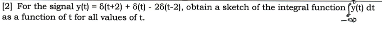 [2] For the signal y(t) = 8(t+2) + 8(t) - 28(t-2), obtain a sketch of the integral function fy(t) dt
as a function of t for all values of t.