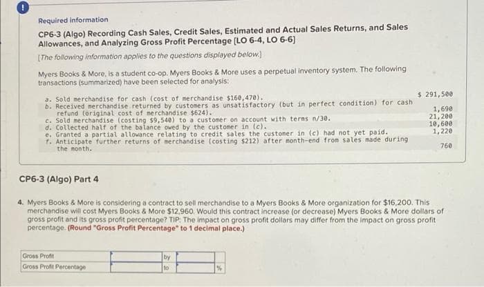 Required information.
CP6-3 (Algo) Recording Cash Sales, Credit Sales, Estimated and Actual Sales Returns, and Sales
Allowances, and Analyzing Gross Profit Percentage [LO 6-4, LO 6-6]
[The following information applies to the questions displayed below.]
Myers Books & More, is a student co-op. Myers Books & More uses a perpetual inventory system. The following
transactions (summarized) have been selected for analysis:
a. Sold merchandise for cash (cost of merchandise $160,470).
b. Received merchandise returned by customers as unsatisfactory (but in perfect condition) for cash
refund (original cost of merchandise $624).
c. Sold merchandise (costing $9,540) to a customer on account with terms n/30.
d. Collected half of the balance owed by the customer in (c).
e. Granted a partial allowance relating to credit sales the customer in (c) had not yet paid.
f. Anticipate further returns of merchandise (costing $212) after month-end from sales made during
the month.
CP6-3 (Algo) Part 4
Gross Profit
Gross Profit Percentage
$ 291,500
1,690
21,200
4. Myers Books & More is considering a contract to sell merchandise to a Myers Books & More organization for $16,200. This
merchandise will cost Myers Books & More $12,960. Would this contract increase (or decrease) Myers Books & More dollars of
gross profit and its gross profit percentage? TIP: The impact on gross profit dollars may differ from the impact on gross profit
percentage. (Round "Gross Profit Percentage" to 1 decimal place.)
by
to
10,600
1,220
760