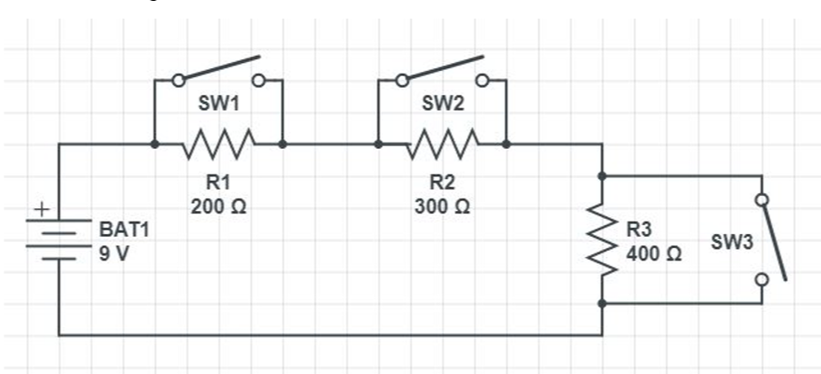 SW1
SW2
R1
R2
200 2
300 2
BAT1
R3
400 Q
SW3
9 V
