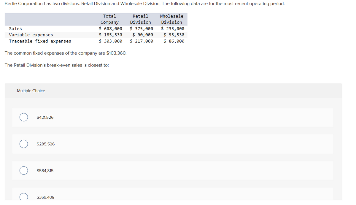 Bertie Corporation has two divisions: Retail Division and Wholesale Division. The following data are for the most recent operating period:
Sales
Variable expenses
Traceable fixed expenses
The common fixed expenses of the company are $103,360.
The Retail Division's break-even sales is closest to:
Multiple Choice
O
O
O
$421,526
$285,526
Total
Company
$ 608,000
$ 185,530
$ 303,000
$584,815
$369,408
Retail
Division
$ 375,000
$ 90,000
$ 217,000
Wholesale
Division
$ 233,000
$ 95,530
$ 86,000