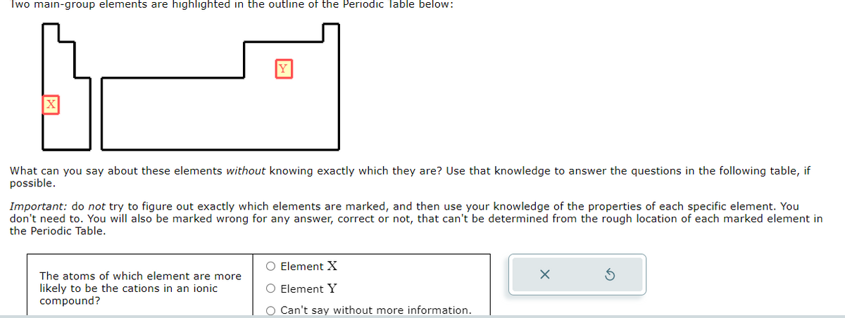 Two main-group elements are highlighted in the outline of the Periodic Table below:
X
Y
What can you say about these elements without knowing exactly which they are? Use that knowledge to answer the questions in the following table, if
possible.
Important: do not try to figure out exactly which elements are marked, and then use your knowledge of the properties of each specific element. You
don't need to. You will also be marked wrong for any answer, correct or not, that can't be determined from the rough location of each marked element in
the Periodic Table.
The atoms of which element are more
likely to be the cations in an ionic
compound?
O Element X
O Element Y
O Can't say without more information.
X