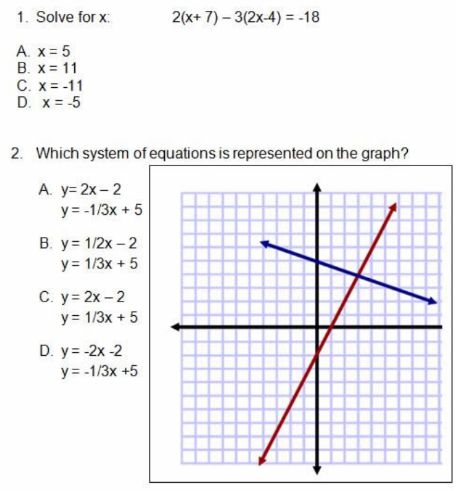 1. Solve for x:
2(x+ 7) – 3(2x-4) = -18
A. x = 5
B. x = 11
C. x = -11
D. x = -5
2. Which system of equations is represented on the graph?
А. У- 2х— 2
y = -1/3x + 5
В. у%3D 1/2х- 2
y = 1/3x + 5
С. у%3D2х — 2
y = 1/3x + 5
D. y= -2x -2
y = -1/3x +5
