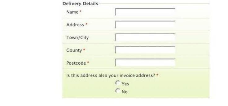 Delivery Details
Name *
Address *
Town/City
County *
Postcode *
Is this address also your invoice address? *
Yes
(No