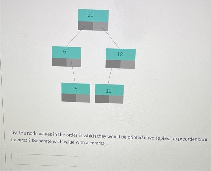 6
8
00
10
12
18
List the node values in the order in which they would be printed if we applied an preorder print
traversal? (Separate each value with a comma).