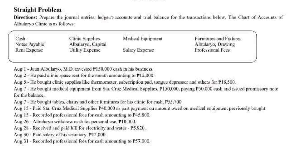 Straight Problem
Directions: Prepare the journal entries, ledger/t-accounts and trial balance for the transactions below. The Chart of Accounts of
Albularyo Clinic is as follows:
Cash
Medical Equipment
Notes Payable
Clinic Supplies
Albularyo, Capital
Utility Expense
Furnitures and Fixtures.
Albularyo, Drawing
Professional Fees:
Rent Expense
Salary Expense
Aug 1 - Juun Albularyo. M.D. invested P150,000 cash in his business.
Aug 2 - He paid elinic space rent for the month amounting to 12,000.
Aug 5- He bought clinic supplies like thermometer, subscription pad, tongue depressor and others for P16,500.
Aug 7 He bought medical equipment from Sta. Cruz Medical Supplies, P150,000, paying P50,000 cash and issued promissory note
for the balance.
Aug 7- He bought tables, chairs and other furnitures for his clinic for cash, P55,700,
Aug 15 - Paid Sta. Cruz Medical Supplies P40,000 as part payment on amount owed on medical equipment previously bought.
Aug 15 - Recorded professional fees for cash amounting to P45,800.
Aug 26-Albularyo withdrew cash for personal use, 10,000.
Aug 28-Received and paid hill for electricity and water-P5.920.
Aug 30- Paid salary of his secretary, 12,000.
Aug 31 - Recorded professional fees for cash amounting to P57,000,