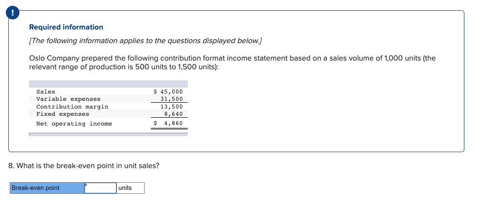 !
Required information
[The following information applies to the questions displayed below.]
Oslo Company prepared the following contribution format income statement based on a sales volume of 1,000 units (the
relevant range of production is 500 units to 1,500 units):
Sales
$ 45,000
Variable expenses
31,500
Contribution margin
Fixed expenses
13,500
8,640
Net operating income
4,860
8. What is the break-even point in unit sales?
Break-even point
units
