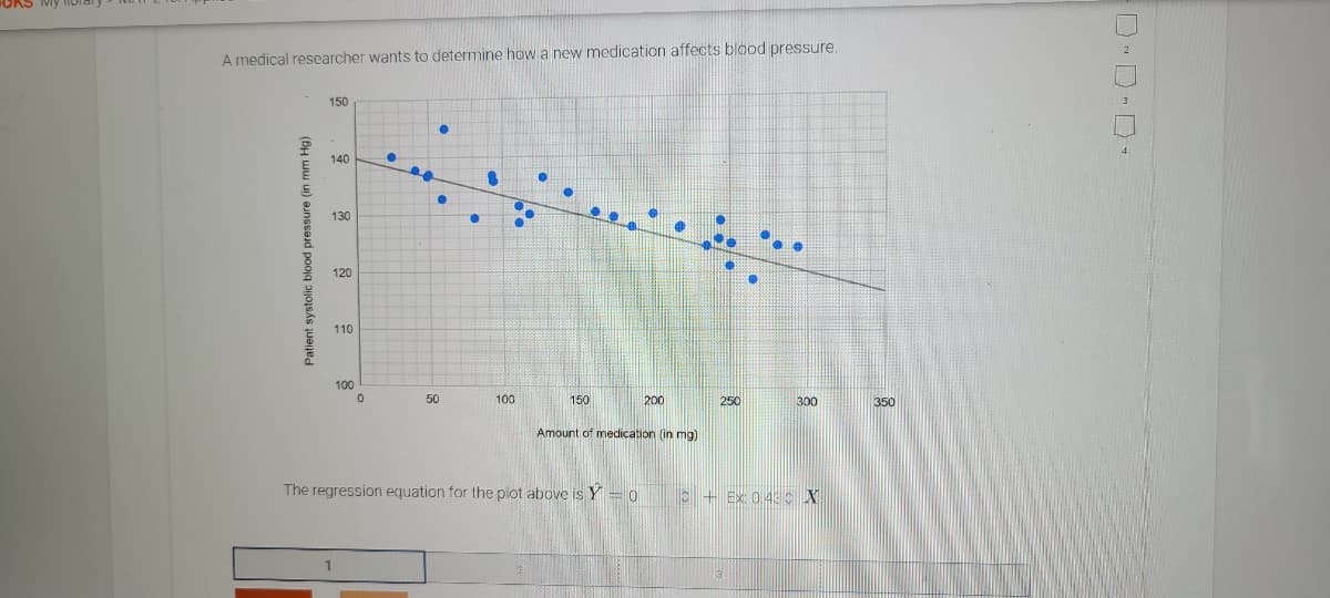 A medical researcher wants to determine how a new medication affects blood pressure.

![Graph Description](https://www.website.com/image) 

### Scatter Plot Analysis
**Graph Title:** Patient Systolic Blood Pressure vs. Amount of Medication

**X-Axis:** Amount of medication (in mg) [Range: 0 - 350 mg]  
**Y-Axis:** Patient systolic blood pressure (in mm Hg) [Range: 100 - 150 mm Hg] 

The scatter plot shows a series of blue data points representing various blood pressure measurements corresponding to different amounts of medication administered to patients. 

A negative trend line has been drawn across the graph from the upper left to the lower right, indicating an inverse relationship between the amount of medication and the patient's systolic blood pressure. This implies that as the dosage of medication increases, the systolic blood pressure tends to decrease.

### Regression Equation
The equation for the regression line plotted on the scatter graph is:
\[ Y = 0 - (EX + 0.43X) \]

This equation can be used to predict the patient's systolic blood pressure (Y) based on the amount of medication (X) administered. The negative coefficient indicates that for every unit increase in medication dosage, there is an associated decrease in systolic blood pressure. 

### Interpretation
This analysis suggests that the new medication is effective in reducing systolic blood pressure in patients. However, further detailed studies would be required to establish efficacy, potential side effects, and optimal dosage.

### Study Context
Researchers would typically apply such a scatter plot and regression analysis to determine the practical implications of new medications, informing further clinical trials or medical prescriptions.

Note: Proper clinical trials and ethical approvals should always be in place when working with medications and human subjects.