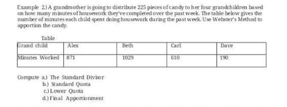 Example 2)A grandmother is going to distribute 225 pieces ofcandy to her four grandchikdren based
number of minutes each child spent doing housework during the past week. Use Welster's Method to
apportion the candy.
Table
Grand child
Alex
Beth
Carl
Dave
Minutes Worked 871
610
190
1029
Compute a) The Standard Divisor
b.) Standard Quota
c) Lower Quota
d) Final Apportionment
