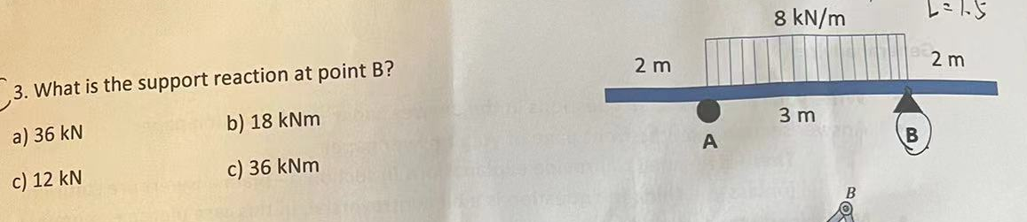3. What is the support reaction at point B?
a) 36 kN
b) 18 kNm
c) 12 kN
c) 36 kNm
2 m
A
8 kN/m
3 m
BOX
B
L=15
2 m
