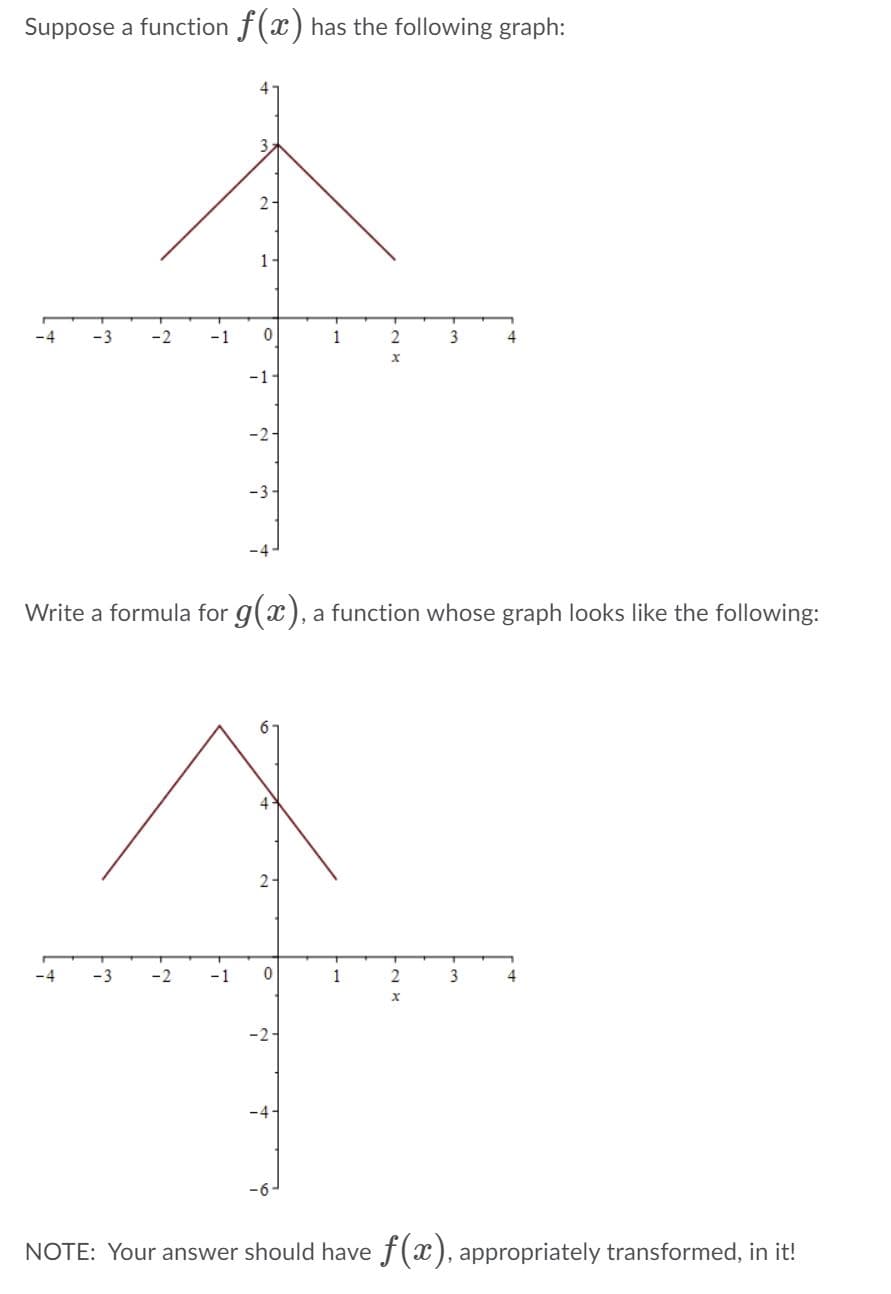 ### Understanding Transformations of Functions

#### Given Function \( f(x) \)

Suppose a function \( f(x) \) has the following graph:

(Graph of \( f(x) \))

- The graph is a symmetric "V" shape centered at the origin (0,0).
- The function attains a maximum value of 3 at \( x = 0 \).
- The slopes of the lines forming the "V" shape are \( -3 \) for \( x < 0 \) and \( 3 \) for \( x > 0 \).

#### Target Function \( g(x) \)

Write a formula for \( g(x) \), a function whose graph looks like the following:

(Graph of \( g(x) \))

- The graph is a symmetric "V" shape centered at the origin (0,0), similar to \( f(x) \).
- The function attains a maximum value of 6 at \( x = 0 \).
- The slopes of the lines forming the "V" shape are \( -6 \) for \( x < 0 \) and \( 6 \) for \( x > 0 \).

#### Note

Your answer should have \( f(x) \), appropriately transformed, in it!

### Solution

To find \( g(x) \), we need to transform \( f(x) \) so that the maximum value is now 6 instead of 3. This can be achieved by multiplying \( f(x) \) by 2:

\[ g(x) = 2f(x) \]

Thus, the function \( g(x) \) is obtained by vertically scaling \( f(x) \) by a factor of 2.