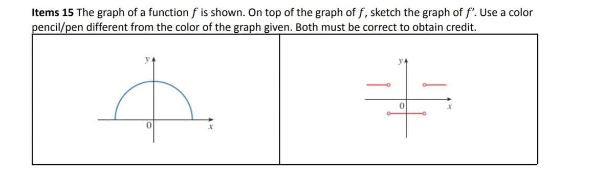 Items 15 The graph of a function f is shown. On top of the graph of f, sketch the graph of f'. Use a color
pencil/pen different from the color of the graph given. Both must be correct to obtain credit.
y
