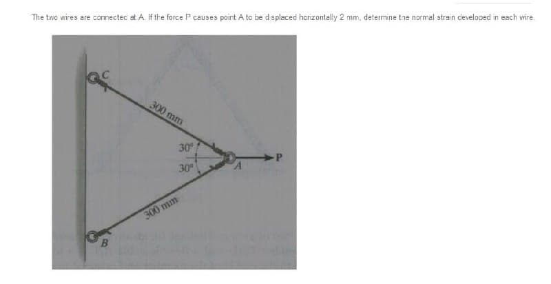 The two wires are connected at A. If the force P causes point A to be d splaced horizontally 2 mm, determine tne normal strain developed in each wire.
300 mm
30
P
30
300 mm
B
