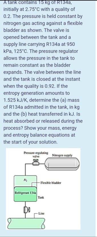 A tank contains 15 kg of R134a,
initially at 2.75°C with a quality of
0.2. The pressure is held constant by
nitrogen gas acting against a flexible
bladder as shown. The valve is
opened between the tank and a
supply line carrying R134a at 950
kPa, 125°C. The pressure regulator
allows the pressure in the tank to
remain constant as the bladder
expands. The valve between the line
and the tank is closed at the instant
when the quality is 0.92. If the
entropy generation amounts to
1.525 kJ/K, determine the (a) mass
of R134a admitted in the tank, in kg
and the (b) heat transferred in kJ. Is
heat absorbed or released during the
process? Show your mass, energy
and entropy balance equations at
the start of your solution.
Pressure-regulating
valve
Nitrogen supply
-Flexible bladder
Refrigerant 134a
Tank
Line
