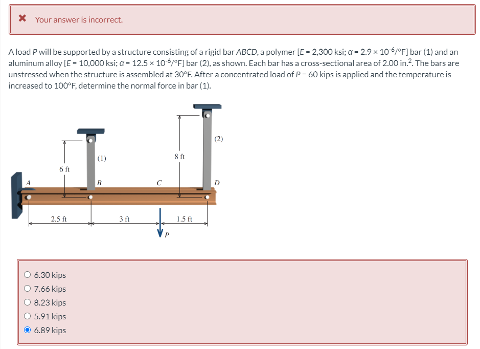 X Your answer is incorrect.
A load P will be supported by a structure consisting of a rigid bar ABCD, a polymer [E = 2,300 ksi; a= 2.9 × 10-6/°F] bar (1) and an
aluminum alloy [E = 10,000 ksi; a = 12.5 × 10-6/°F] bar (2), as shown. Each bar has a cross-sectional area of 2.00 in.?. The bars are
unstressed when the structure is assembled at 30°F. After a concentrated load of P = 60 kips is applied and the temperature is
increased to 100°F, determine the normal force in bar (1).
(2)
(1)
8 ft
6 ft
B
C
2.5 ft
3 ft
1.5 ft
6.30 kips
O 7.66 kips
O 8.23 kips
O 5.91 kips
6.89 kips
