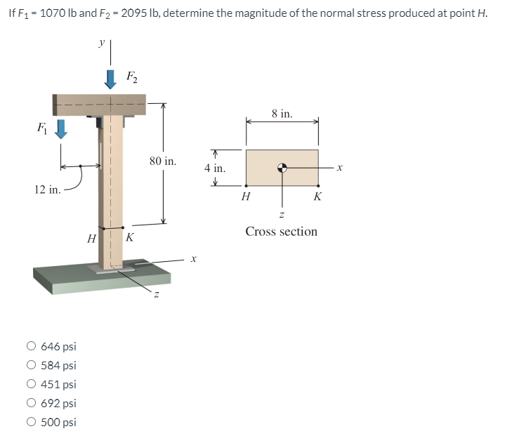 If F1 = 1070 Ib and F2 = 2095 Ib, determine the magnitude of the normal stress produced at point H.
y
F2
8 in.
80 in.
4 in.
12 in.
H
K
Cross section
H
K
646 psi
O 584 psi
O 451 psi
692 psi
O 500 psi
