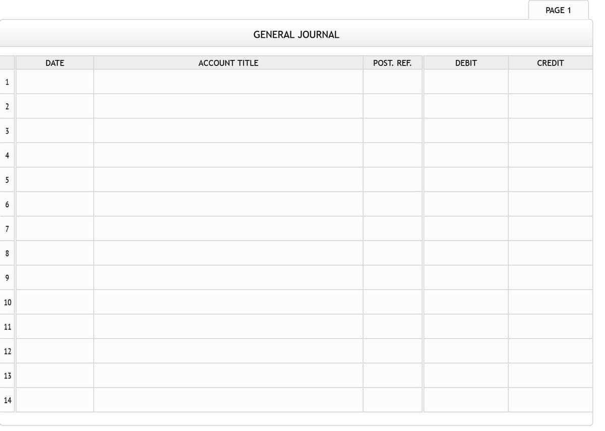 PAGE 1
GENERAL JOURNAL
DATE
ACCOUNT TITLE
POST. REF.
DEBIT
CREDIT
1
2
3
4
5
7
8
10
11
12
13
14
