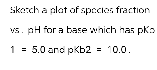 Sketch a plot of species fraction
vs. pH for a base which has pkb
1 = 5.0 and pkb2 = 10.0.