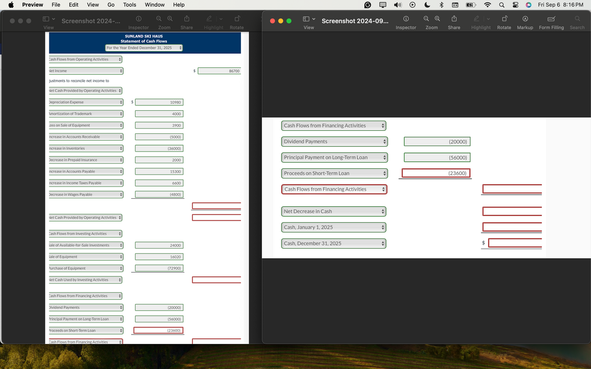 Preview File Edit View Go
View
Tools
Window Help
Fri Sep 6 8:16 PM
✓
Screenshot 2024-...
Screenshot 2024-09...
Inspector Zoom
Share
Highlight Rotate
View
Inspector Zoom
Share
Highlight Rotate Markup
Form Filling
Search
Cash Flows from Operating Activities
SUNLAND SKI HAUS
Statement of Cash Flows
For the Year Ended December 31, 2025
Net Income
justments to reconcile net income to
Net Cash Provided by Operating Activities
Depreciation Expense
Amortization of Trademark
Loss on Sale of Equipment
$
10980
4000
3900
ncrease in Accounts Receivable
(5000)
ncrease in Inventories
(36000)
Decrease in Prepaid Insurance
ncrease in Accounts Payable
15300
$
86700
Cash Flows from Financing Activities
Dividend Payments
(20000)
Principal Payment on Long-Term Loan
(56000)
2000
Proceeds on Short-Term Loan
(23600)
ncrease in Income Taxes Payable
6600
Cash Flows from Financing Activities
Decrease in Wages Payable
(4800)
Net Cash Provided by Operating Activities
Cash Flows from Investing Activities
Sale of Available-for-Sale Investments
24000
Sale of Equipment
16020
Purchase of Equipment
(72900)
Net Cash Used by Investing Activities
Cash Flows from Financing Activities
Dividend Payments
(20000)
Principal Payment on Long-Term Loan
(56000)
Proceeds on Short-Term Loan
(23600)
Cash Flows from Financing Activities
Net Decrease in Cash
Cash, January 1, 2025
Cash, December 31, 2025