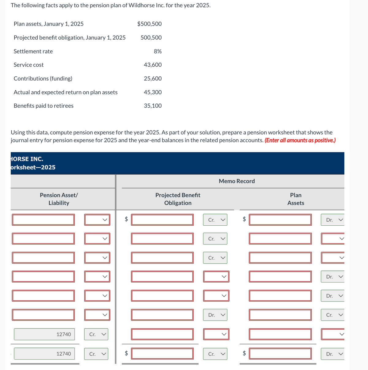 The following facts apply to the pension plan of Wildhorse Inc. for the year 2025.
Plan assets, January 1, 2025
$500,500
Projected benefit obligation, January 1, 2025
500,500
Settlement rate
8%
Service cost
43,600
Contributions (funding)
25,600
Actual and expected return on plan assets
45,300
Benefits paid to retirees
35,100
Using this data, compute pension expense for the year 2025. As part of your solution, prepare a pension worksheet that shows the
journal entry for pension expense for 2025 and the year-end balances in the related pension accounts. (Enter all amounts as positive.)
HORSE INC.
orksheet-2025
Pension Asset/
Liability
12740
Cr.
+A
$
Memo Record
Projected Benefit
Plan
Obligation
Assets
Cr.
Cr.
Cr.
Dr.
$
+A
Dr.
Dr.
Dr.
Cr.
12740
Cr.
$
Cr.
$
Dr.