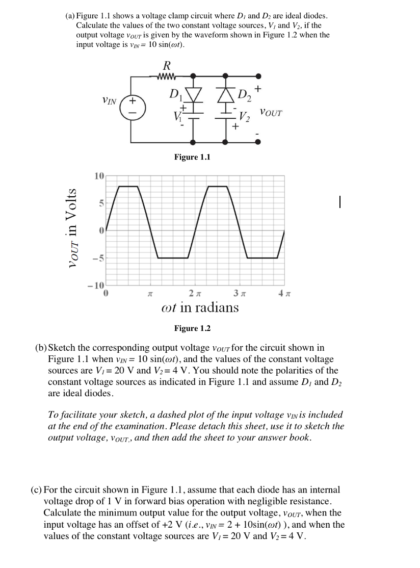 (a) Figure 1.1 shows a voltage clamp circuit where D, and D2 are ideal diodes.
Calculate the values of the two constant voltage sources, V, and V2, if the
output voltage VOUT is given by the waveform shown in Figure 1.2 when the
input voltage is vIN = 10 sin(@t).
ww
D
VIN
VOUT
V.
Figure 1.1
10
5
-5
- 10
3 7
4 7
ot in radians
Figure 1.2
(b) Sketch the corresponding output voltage vouT for the circuit shown in
Figure 1.1 when vIN = 10 sin(@t), and the values of the constant voltage
sources are V1= 20 V and V2= 4 V. You should note the polarities of the
constant voltage sources as indicated in Figure 1.1 and assume D, and D2
are ideal diodes.
To facilitate your sketch, a dashed plot of the input voltage vIN is included
at the end of the examination. Please detach this sheet, use it to sketch the
output voltage, VOUT., and then add the sheet to your answer book.
(c) For the circuit shown in Figure 1.1, assume that each diode has an internal
voltage drop of 1 V in forward bias operation with negligible resistance.
Calculate the minimum output value for the output voltage, VOUT, when the
input voltage has an offset of +2 V (i.e., vIN = 2 + 10sin(@t) ), and when the
values of the constant voltage sources are V= 20 V and V2=4 V.
VOUT in Volts
