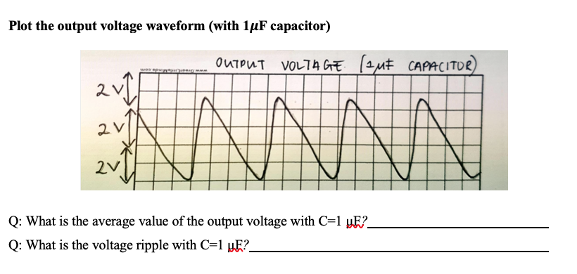 Plot the output voltage waveform (with 1µF capacitor)
OUTOUT VOLTA GE (2M# CAPACITOR)
2V
Q: What is the average value of the output voltage with C=1 yE?_
Q: What is the voltage ripple with C=1 µE?.
