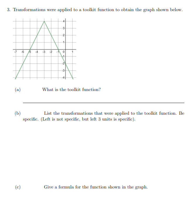 3. Transformations were applied to a toolkit function to obtain the graph shown below.
4-
-3
2
1.
-7
-6
45
-2
-1
-1-
-2
-3
(a)
What is the toolkit function?
(b)
specific. (Left is not specific, but left 3 units is specific).
List the transformations that were applied to the toolkit function. Be
(c)
Give a formula for the function shown in the graph.
