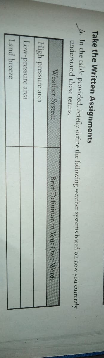 Take the Written Assignments
A. In the table provided, briefly define the following weather systems based on how you currently
understand these terms.
Weather System
Brief Definition in Your Own Words
High-pressure area
Low-pressure area
Land breeze

