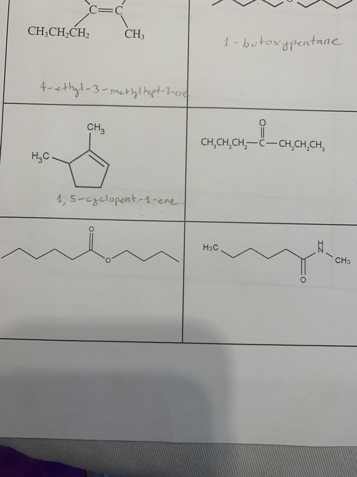 CH3CH₂CH₂
C=C
4-ethyl-3-methylhept-3-cre
H₂C-
CH3
CH 3
S
1, 5-cyclopent-1-eve.
**************
1- butoxypentane
CH₂CH₂CH₂-C-CH₂CH₂CH₂
H3C
CH3