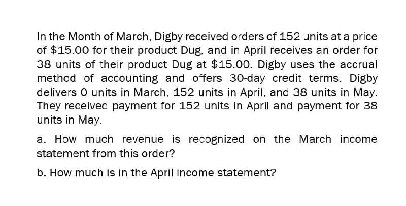 In the Month of March, Digby received orders of 152 units at a price
of $15.00 for their product Dug, and in April receives an order for
38 units of their product Dug at $15.00. Digby uses the accrual
method of accounting and offers 30-day credit terms. Digby
delivers O units in March, 152 units in April, and 38 units in May.
They received payment for 152 units in April and payment for 38
units in May.
a. How much revenue is recognized on the March income
statement from this order?
b. How much is in the April income statement?