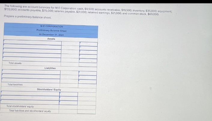 The following are account balances for M-E Corporation: cash, $9,500; accounts receivable, $19,500; inventory, $35,000; equipment,
$132,000; accounts payable, $75,000; salaries payable, $31,000; retained earnings, $21,000; and common stock. $69,000.
Prepare a preliminary balance sheet.
M-E CORPORATION
Preliminary Balance Sheet
At December 31, 2024
Assets
Total assets
Liabilities
Total liabilities
Stockholders' Equity
Total stockholders' equity
Total liabilities and stockholders' equity