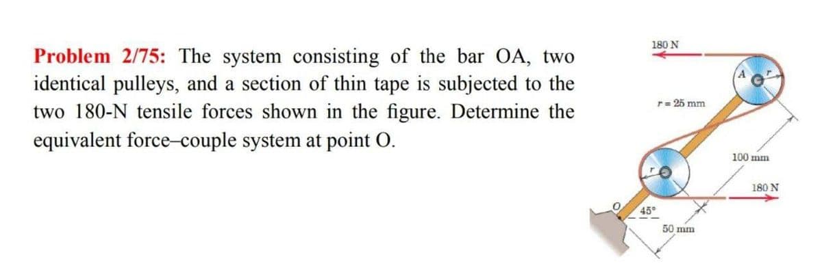 180 N
Problem 2/75: The system consisting of the bar OA, two
identical pulleys, and a section of thin tape is subjected to the
two 180-N tensile forces shown in the figure. Determine the
equivalent force-couple system at point O.
r= 25 mm
100 mm
180 N
45°
50 mm
