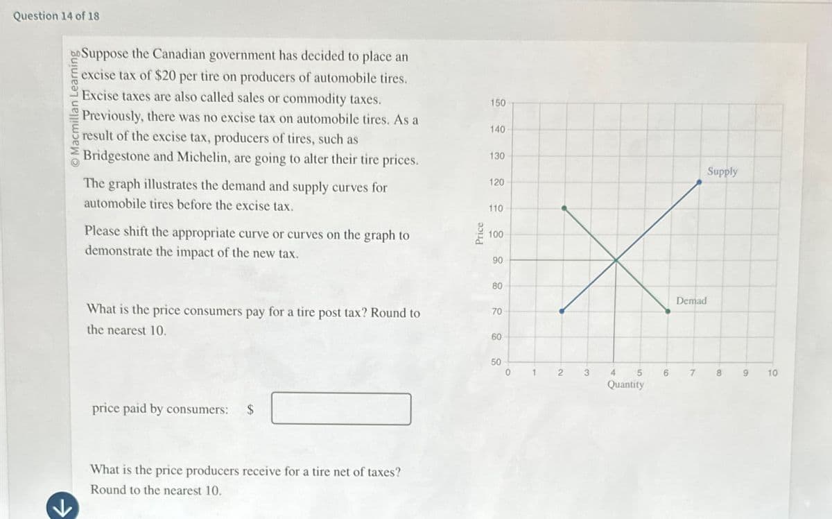 Question 14 of 18
Macmillan Learning
Suppose the Canadian government has decided to place an
excise tax of $20 per tire on producers of automobile tires.
Excise taxes are also called sales or commodity taxes.
Previously, there was no excise tax on automobile tires. As a
result of the excise tax, producers of tires, such as
Bridgestone and Michelin, are going to alter their tire prices.
The graph illustrates the demand and supply curves for
automobile tires before the excise tax.
Please shift the appropriate curve or curves on the graph to
demonstrate the impact of the new tax.
Price
150
140
120
110
100
90
What is the price consumers pay for a tire post tax? Round to
the nearest 10.
price paid by consumers:
$
What is the price producers receive for a tire net of taxes?
Round to the nearest 10.
130
Supply
80
70
60
Demad
50
0
1
3
4
5
6 7 8
9
10
Quantity