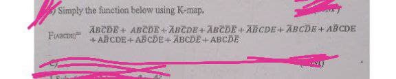 Simply the function below using K-map.
ABCDE+
+ ABCDE+ABCDE+ABCDE+ABCDE
FIABCDE
ABCDE+ABCDE+ABCDE+ABCDE+ABCDE+ABCDE
OVE)