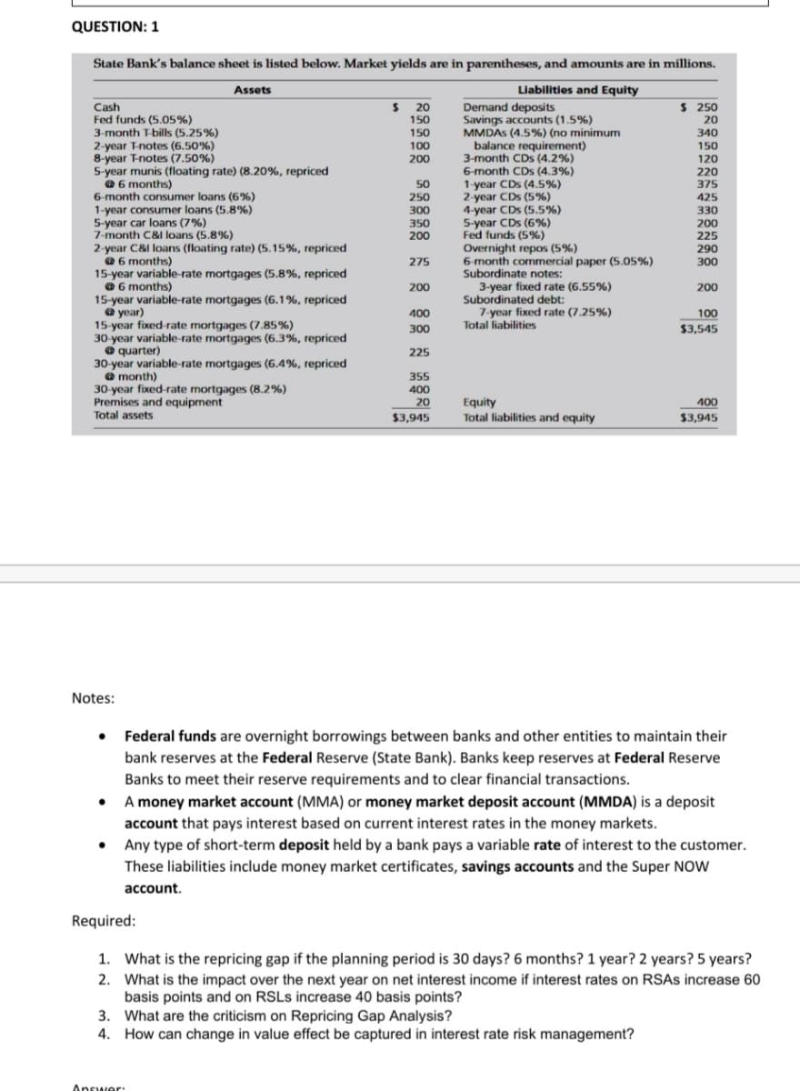 QUESTION: 1
State Bank's balance sheet is listed below. Market yields are in parentheses, and amounts are in millions.
Assets
Liabilities and Equity
$ 20
$ 250
20
Cash
Fed funds (5.05%)
3-month T-bills (5.25%)
2-year T-notes (6.50%)
8-year T-notes (7.50%)
5-year munis (floating rate) (8.20%, repriced
@ 6 months)
6-month consumer loans (6%)
1-year consumer loans (5.8%)
5-year car loans (7%)
7-month C&l loans (5.8%)
2-year C&l loans (floating rate) (5.15%, repriced
@ 6 months)
15-year variable-rate mortgages (5.8%, repriced
@ 6 months)
15-year variable-rate mortgages (6.1%, repriced
@ year)
15-year fixed-rate mortgages (7.85%)
30-year variable-rate mortgages (6.3%, repriced
O quarter)
30-year variable-rate mortgages (6.4%, repriced
@ month)
30-year fixed-rate mortgages (8.2%)
Premises and equipment
Total assets
Demand deposits
Savings accounts (1.5%)
MMDAS (4.5%) (no minimum
balance requirement)
3-month CDs (4.2%)
6-month CDs (4.3%)
1-year CDs (4.5%)
2-year CDs (5%)
4-year CDs (5.5%)
5-year CDs (6%)
Fed funds (5%)
Overnight repos (5%)
6 month commercial paper (5.05%)
Subordinate notes:
3-year fixed rate (6.55%)
Subordinated debt:
7-year fixed rate (7.25%)
Total liabilities
150
150
340
100
150
200
120
220
375
50
250
425
300
330
200
225
290
300
350
200
275
200
200
400
100
$3,545
300
225
355
400
20
Equity
Total liabilities and equity
400
$3,945
$3,945
Notes:
Federal funds are overnight borrowings between banks and other entities to maintain their
bank reserves at the Federal Reserve (State Bank). Banks keep reserves at Federal Reserve
Banks to meet their reserve requirements and to clear financial transactions.
A money market account (MMA) or money market deposit account (MMDA) is a deposit
account that pays interest based on current interest rates in the money markets.
Any type of short-term deposit held by a bank pays a variable rate of interest to the customer.
These liabilities include money market certificates, savings accounts and the Super NOW
account.
Required:
1. What is the repricing gap if the planning period is 30 days? 6 months? 1 year? 2 years? 5 years?
2. What is the impact over the next year on net interest income if interest rates on RSAS increase 60
basis points and on RSLS increase 40 basis points?
3. What are the criticism on Repricing Gap Analysis?
4. How can change in value effect be captured in interest rate risk management?
Answer:
