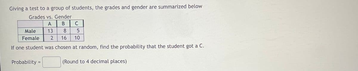 Giving a test to a group of students, the grades and gender are summarized below
Grades vs. Gender
A
В
Male
13
8
Female
16
10
If one student was chosen at random, find the probability that the student got a C.
Probability =
(Round to 4 decimal places)
%3D
