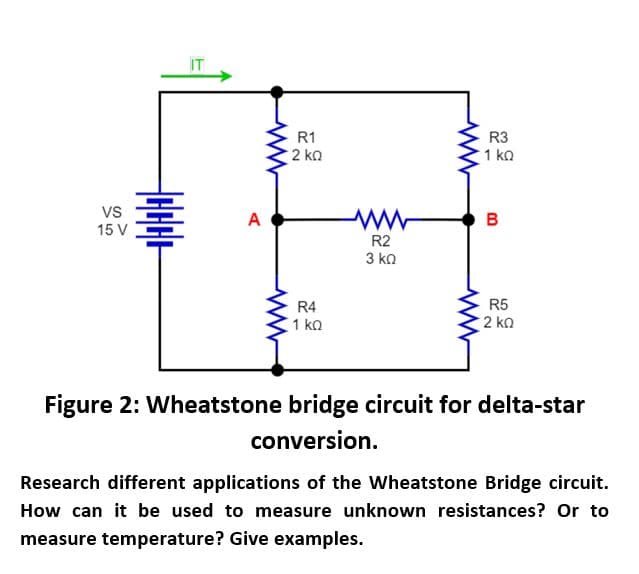 VS
15 V
A
R1
2 ΚΩ
R4
1 ΚΩ
ww
R2
3 ΚΩ
R3
1 ΚΩ
B
R5
• 2 ΚΩ
Figure 2: Wheatstone bridge circuit for delta-star
conversion.
Research different applications of the Wheatstone Bridge circuit.
How can it be used to measure unknown resistances? Or to
measure temperature? Give examples.