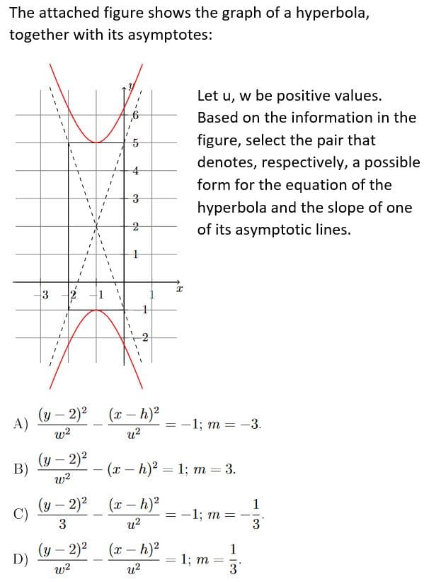 The attached figure shows the graph of a hyperbola,
together with its asymptotes:
Let u, w be positive values.
Based on the information in the
1.
figure, select the pair that
denotes, respectively, a possible
4
form for the equation of the
3
hyperbola and the slope of one
of its asymptotic lines.
3
(у — 2)2
A)
(x – h)?
u?
— 1;B т %3D — 3.
w?
(y - 2)2
B)
(x- h)2 = 1; m = 3.
%3D
|
w2
(y – 2)2
C)
(x – h)?
u?
1
-1; m
%3D
3
3
(у — 2)2
D)
(x - h)2
1
1; m
3
|3|
w2
u?
1.
