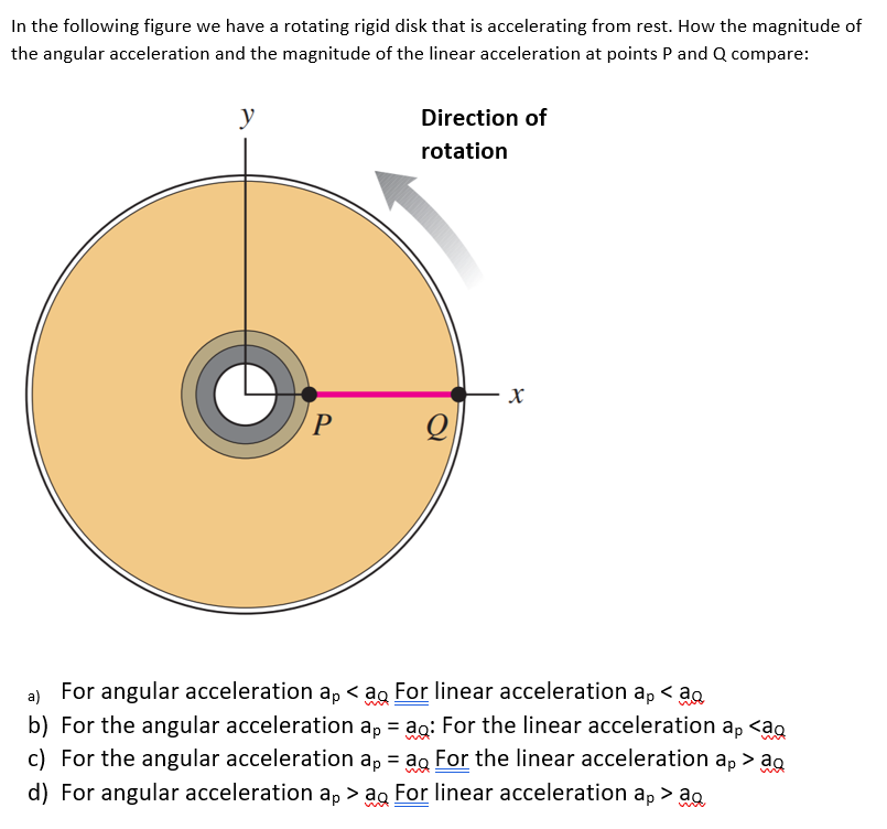 In the following figure we have a rotating rigid disk that is accelerating from rest. How the magnitude of
the angular acceleration and the magnitude of the linear acceleration at points P and Q compare:
y
Direction of
rotation
P
For angular acceleration a, < ag For linear acceleration ap < ao
b) For the angular acceleration a, = ag: For the linear acceleration a, <ag
c) For the angular acceleration a, = ag For the linear acceleration a, > ag
d) For angular acceleration ap > ag For linear acceleration ap > a.
%3D
