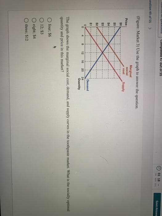 CAl QuestIONIS
westion 49 of 55 >
(Figure: Market 3) Use the graph to answer the question.
Marginal
social
cost
Price
$6
$5
$4
3 2 4
$3
$2
$1
0
Completed 47 out of 55
4
8
four; $6
12; $3
eight; $4
three; $12
12
16 20
Supply
Demand
24
Quantity
O
01 18-
FOR SON SEC
Save Answer
The graph shows the marginal social cost, demand, and supply curves in the toothpaste market. What is the socially optimal
quantity and price in this market?