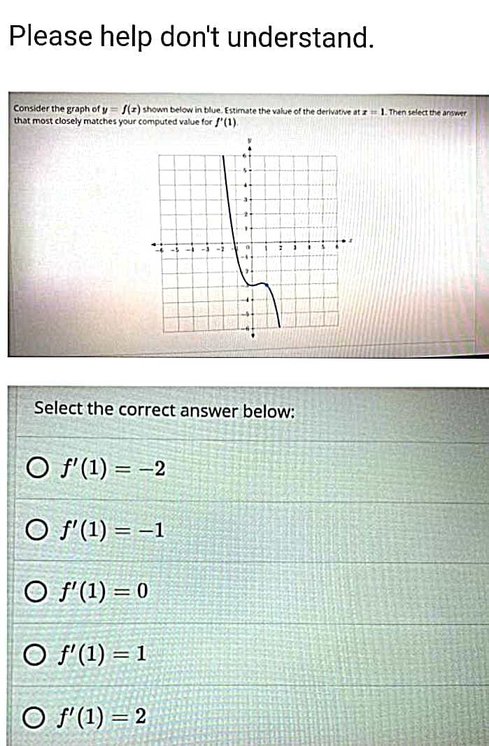 Please help don't understand.
Consider the graph of y
that most closely matches your computed value for f'(1).
f(2) shown below in blue Estimate the value of the derivative at z 1. Then select the answer
Select the correct answer below:
O f'(1) = -2
O f (1) = -1
O f (1) = 0
O f'(1) = 1
O f'(1) = 2
