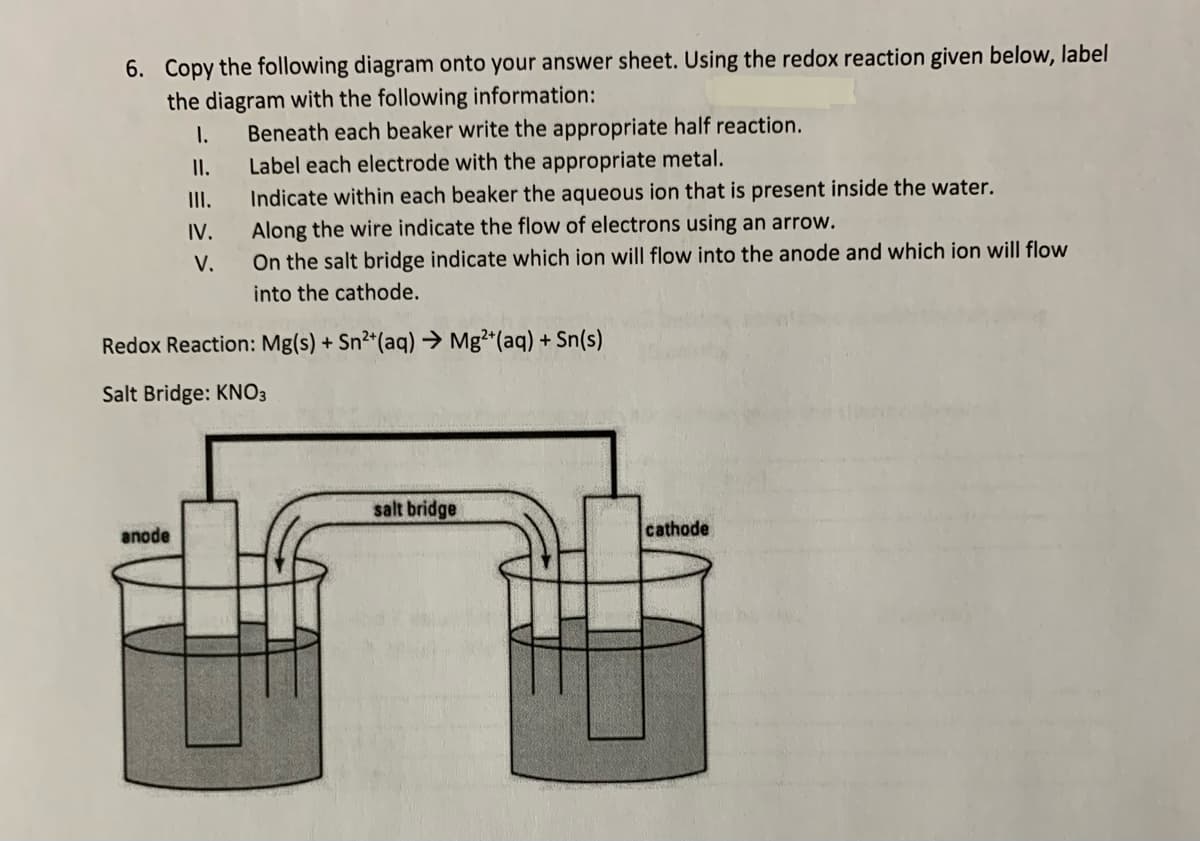 6. Copy the following diagram onto your answer sheet. Using the redox reaction given below, label
the diagram with the following information:
Beneath each beaker write the appropriate half reaction.
Label each electrode with the appropriate metal.
Indicate within each beaker the aqueous ion that is present inside the water.
Along the wire indicate the flow of electrons using an arrow.
On the salt bridge indicate which ion will flow into the anode and which ion will flow
I.
I.
II.
IV.
V.
into the cathode.
Redox Reaction: Mg(s) + Sn²*(aq) → Mg²*(aq) + Sn(s)
Salt Bridge: KNO3
salt bridge
cathode
anode
